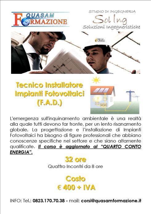 Corso on line Installatore Impianti Fotovoltaici Corso online Installatore Impianti Fotovoltaici