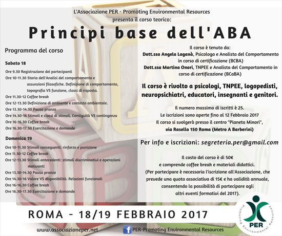 Corso Principi Base ABA Analisi Comportamentale Applicata Roma 2017